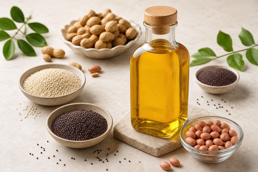 Golden cold pressed edible oil with seeds