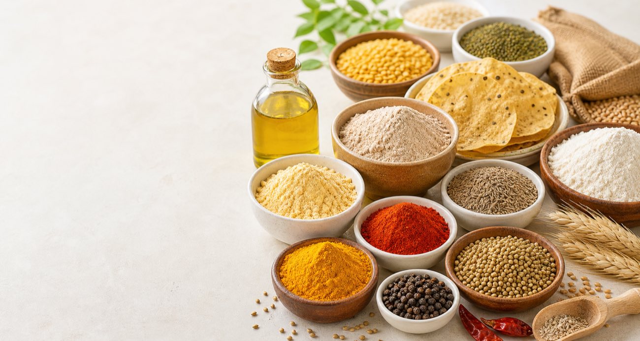 Premium Indian food products including flour, oil, spices, grains and papad